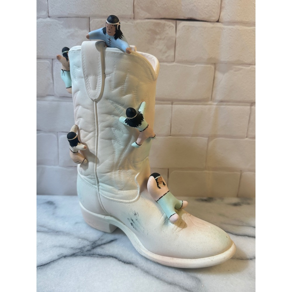 Vintage Southwestern Ceramic Cowboy Boot Vase Climbing Figures Folk Art Cream